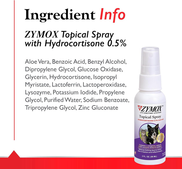 Zymox Topical Spray 0.5% Hydrocortisone Dogs Cats Wounds Itching 2 oz.