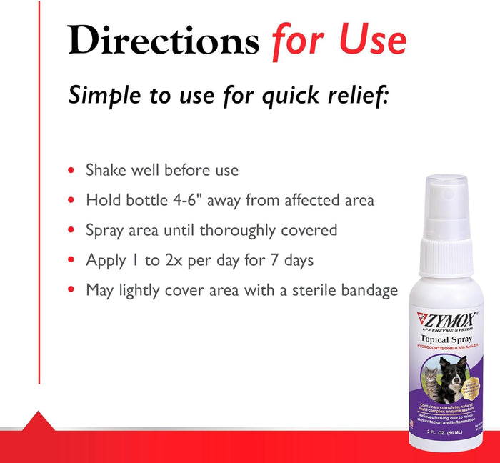 Zymox Topical Spray 0.5% Hydrocortisone Dogs Cats Wounds Itching 2 oz.